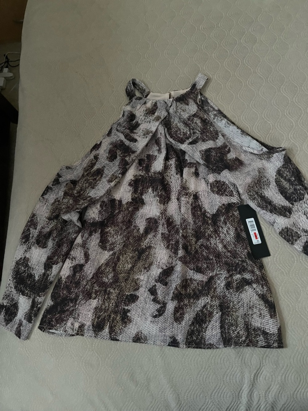 Donna Karan Neutral Animal-Print Cold Shoulder Top in Taupe and Black